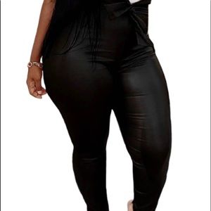 Solid Leather PU Belted  Pants
